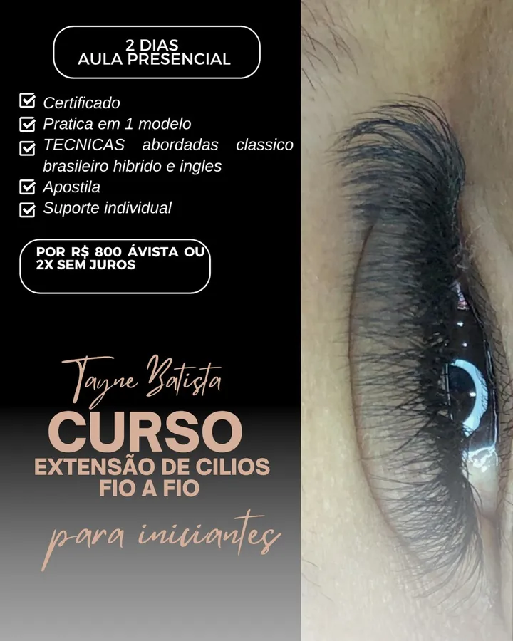 Cartaz do curso de extensão de cílios fio a fio para iniciantes, com Tayne Batista
