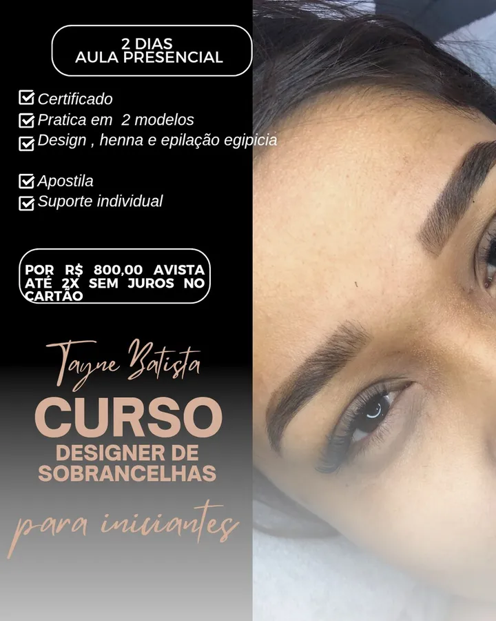 Cartaz do curso de design de sobrancelhas para iniciantes, com Tayne Batista