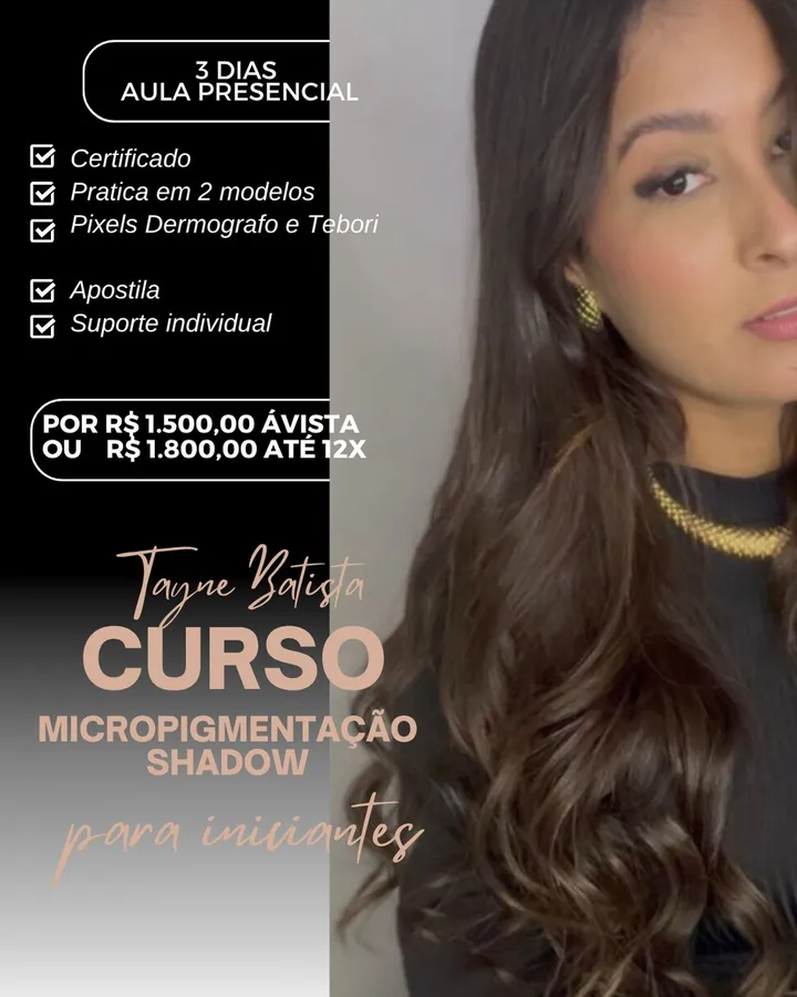 Cartaz do curso de micropigmentação shadow para iniciantes, com Tayne Batista